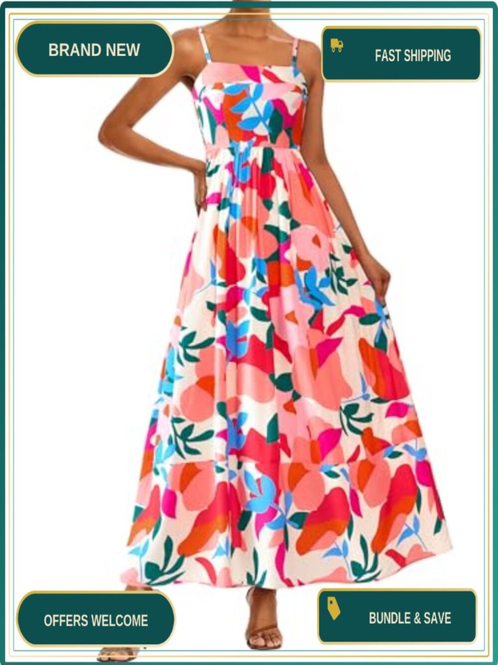 Boho Floral Striped Summer Maxi Dress Spaghetti Strap Square Neck High Waist